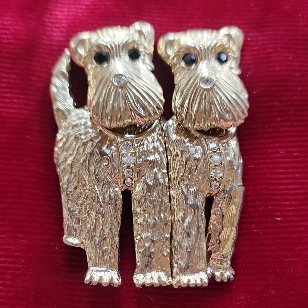 Gold Scottie Dog Brooch with Rhinestones
